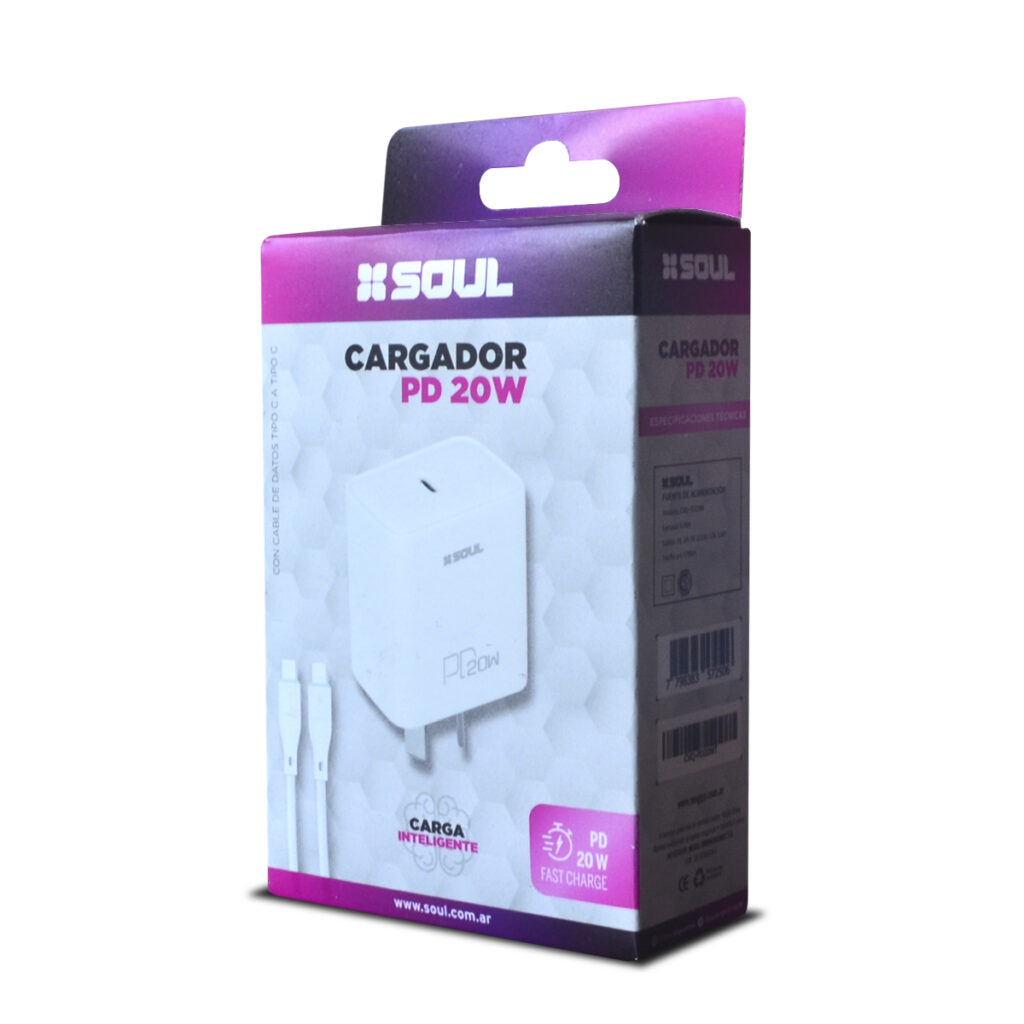 Cargador Para Celular Viajero Soul 2.2A Carga Rápida PD 20W C/Cable Tipo C
